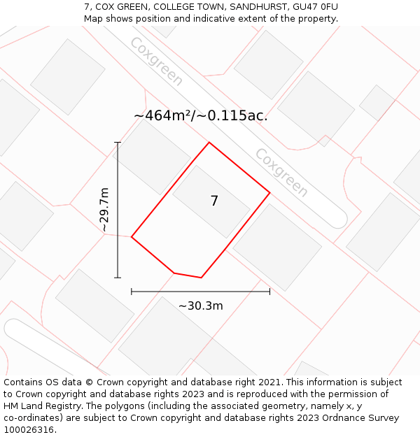 7, COX GREEN, COLLEGE TOWN, SANDHURST, GU47 0FU: Plot and title map