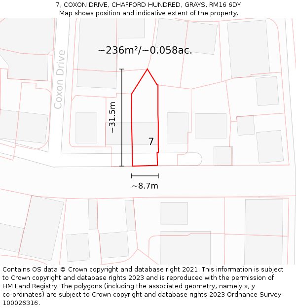 7, COXON DRIVE, CHAFFORD HUNDRED, GRAYS, RM16 6DY: Plot and title map
