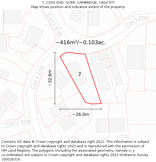7, COXS END, OVER, CAMBRIDGE, CB24 5TY: Plot and title map