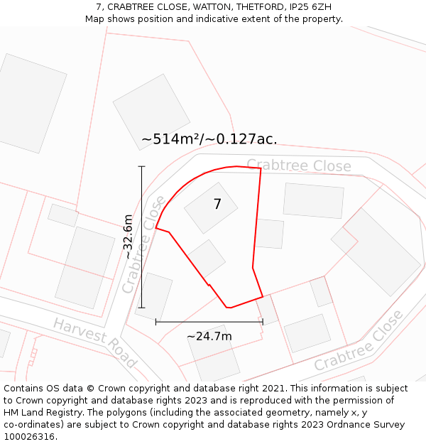 7, CRABTREE CLOSE, WATTON, THETFORD, IP25 6ZH: Plot and title map