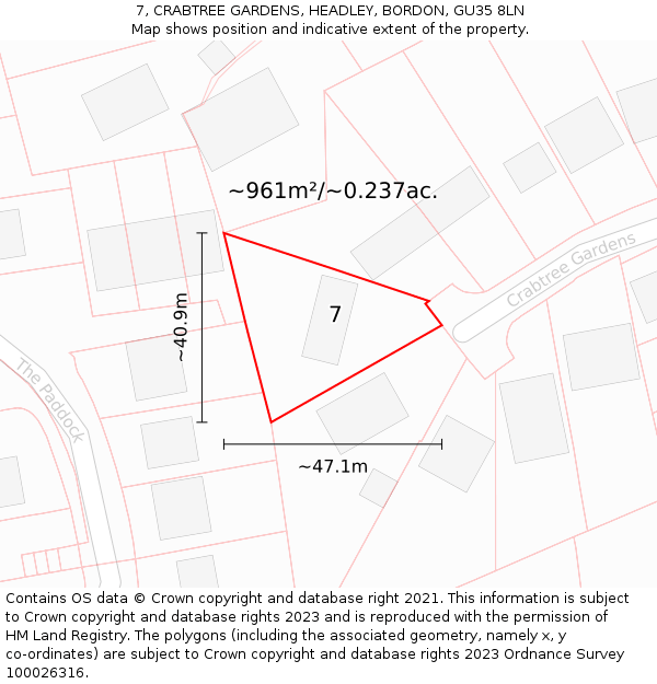 7, CRABTREE GARDENS, HEADLEY, BORDON, GU35 8LN: Plot and title map