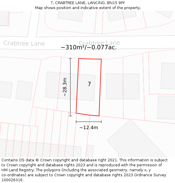 7, CRABTREE LANE, LANCING, BN15 9PF: Plot and title map