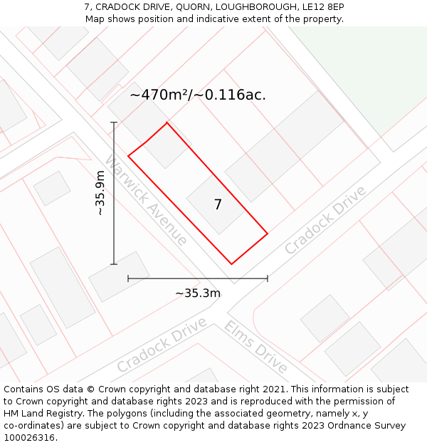 7, CRADOCK DRIVE, QUORN, LOUGHBOROUGH, LE12 8EP: Plot and title map