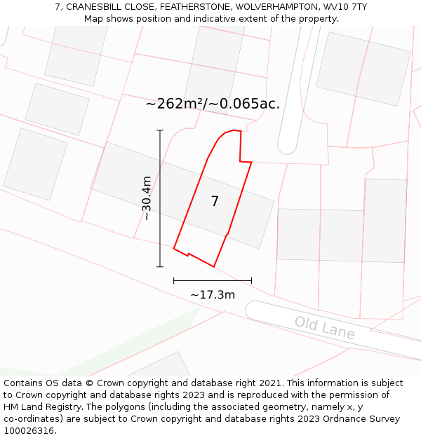 7, CRANESBILL CLOSE, FEATHERSTONE, WOLVERHAMPTON, WV10 7TY: Plot and title map