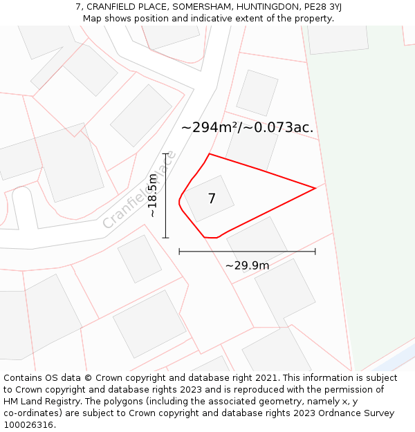 7, CRANFIELD PLACE, SOMERSHAM, HUNTINGDON, PE28 3YJ: Plot and title map