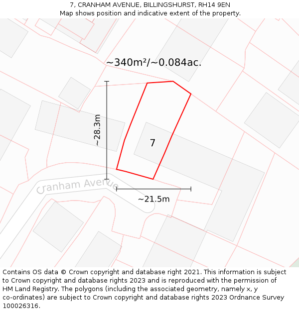 7, CRANHAM AVENUE, BILLINGSHURST, RH14 9EN: Plot and title map