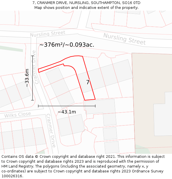 7, CRANMER DRIVE, NURSLING, SOUTHAMPTON, SO16 0TD: Plot and title map