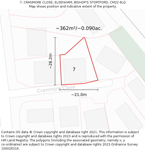 7, CRANMORE CLOSE, ELSENHAM, BISHOP'S STORTFORD, CM22 6LQ: Plot and title map
