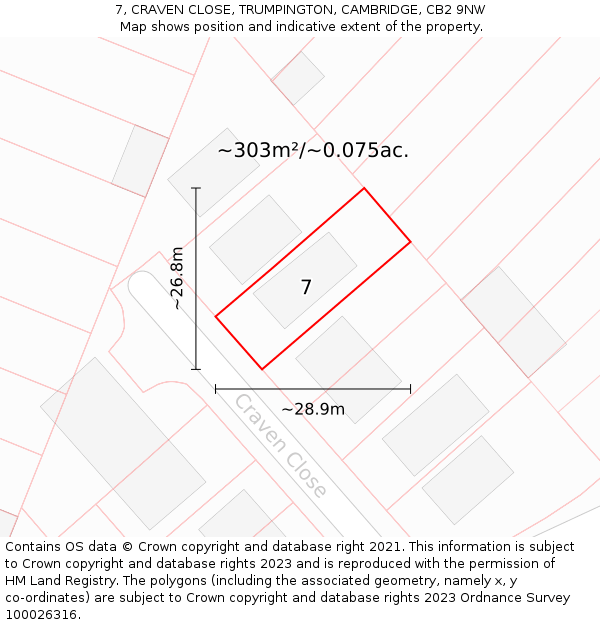 7, CRAVEN CLOSE, TRUMPINGTON, CAMBRIDGE, CB2 9NW: Plot and title map