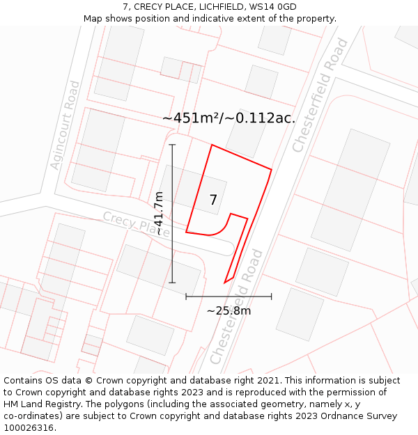 7, CRECY PLACE, LICHFIELD, WS14 0GD: Plot and title map