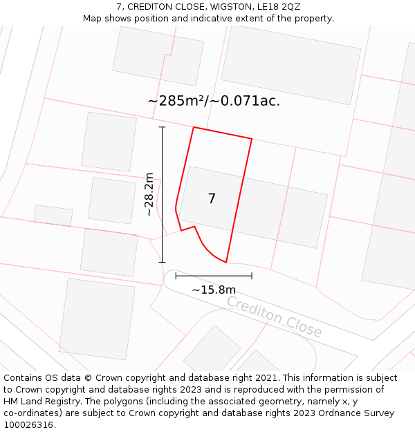 7, CREDITON CLOSE, WIGSTON, LE18 2QZ: Plot and title map