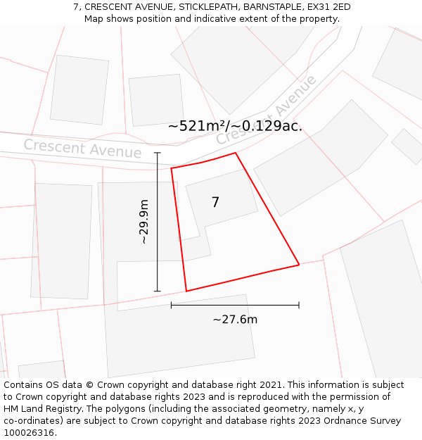7, CRESCENT AVENUE, STICKLEPATH, BARNSTAPLE, EX31 2ED: Plot and title map