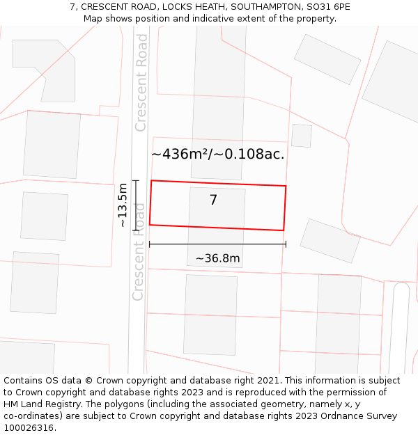 7, CRESCENT ROAD, LOCKS HEATH, SOUTHAMPTON, SO31 6PE: Plot and title map