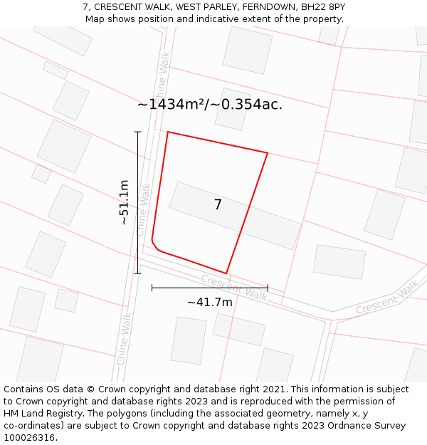 7, CRESCENT WALK, WEST PARLEY, FERNDOWN, BH22 8PY: Plot and title map