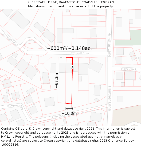 7, CRESWELL DRIVE, RAVENSTONE, COALVILLE, LE67 2AG: Plot and title map