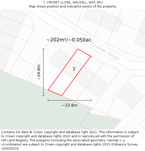 7, CRICKET CLOSE, WALSALL, WS5 3PU: Plot and title map