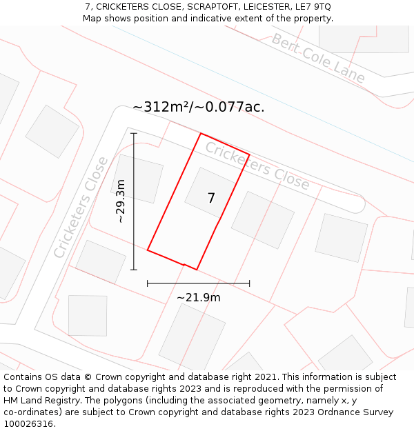 7, CRICKETERS CLOSE, SCRAPTOFT, LEICESTER, LE7 9TQ: Plot and title map