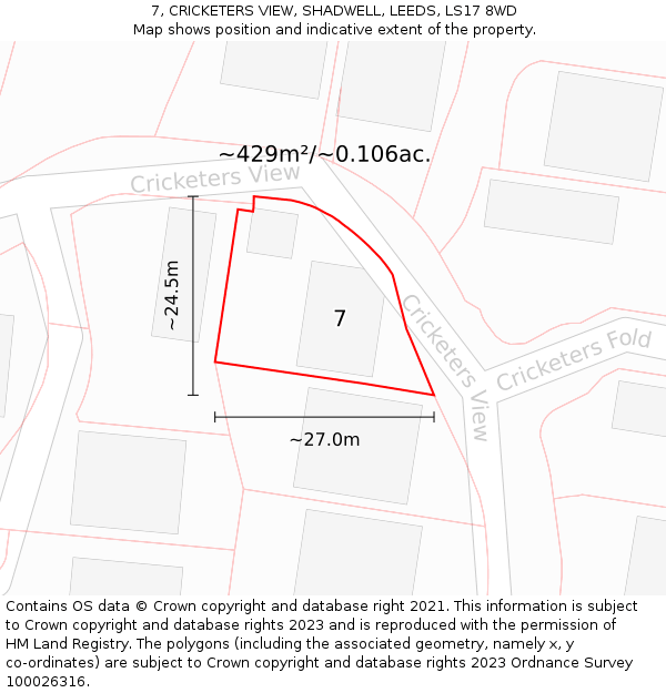 7, CRICKETERS VIEW, SHADWELL, LEEDS, LS17 8WD: Plot and title map
