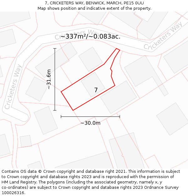 7, CRICKETERS WAY, BENWICK, MARCH, PE15 0UU: Plot and title map