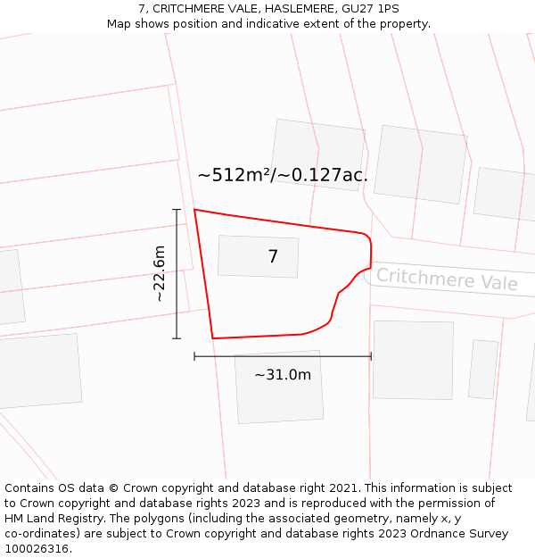 7, CRITCHMERE VALE, HASLEMERE, GU27 1PS: Plot and title map