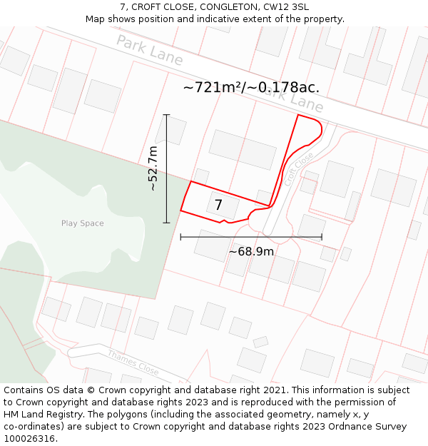 7, CROFT CLOSE, CONGLETON, CW12 3SL: Plot and title map