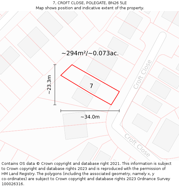7, CROFT CLOSE, POLEGATE, BN26 5LE: Plot and title map