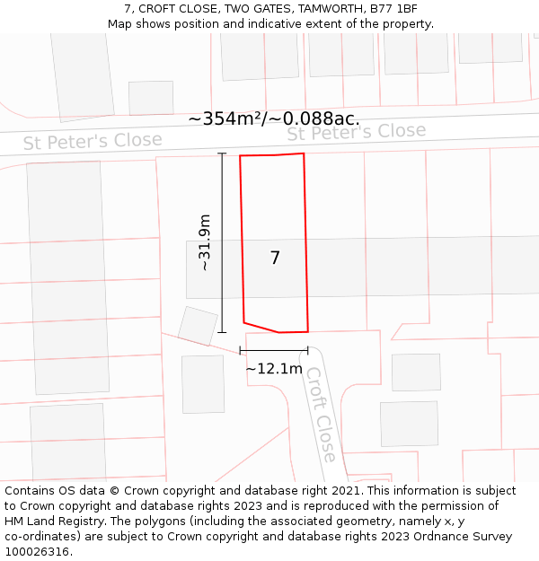 7, CROFT CLOSE, TWO GATES, TAMWORTH, B77 1BF: Plot and title map
