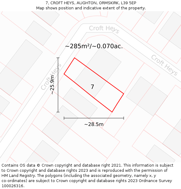 7, CROFT HEYS, AUGHTON, ORMSKIRK, L39 5EP: Plot and title map