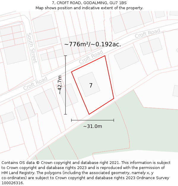 7, CROFT ROAD, GODALMING, GU7 1BS: Plot and title map