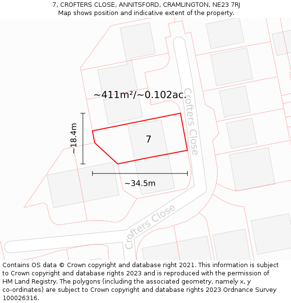 7, CROFTERS CLOSE, ANNITSFORD, CRAMLINGTON, NE23 7RJ: Plot and title map