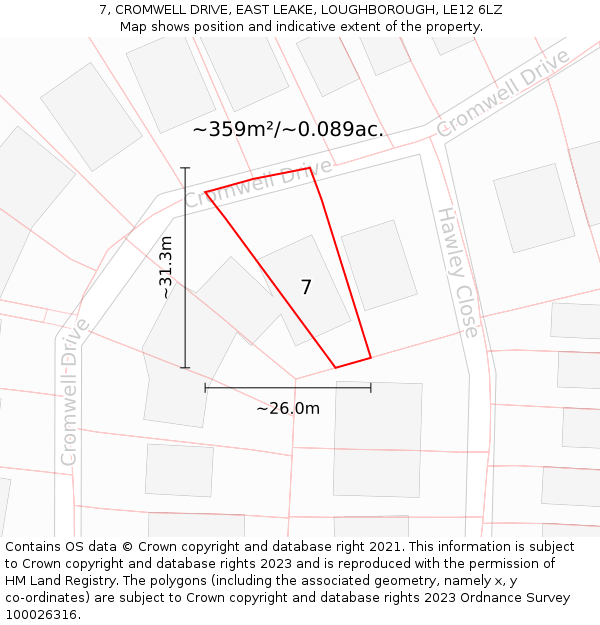 7, CROMWELL DRIVE, EAST LEAKE, LOUGHBOROUGH, LE12 6LZ: Plot and title map