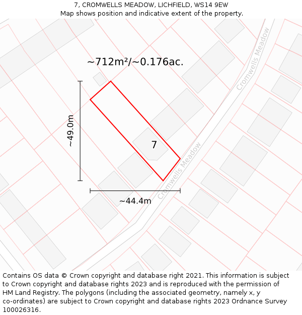 7, CROMWELLS MEADOW, LICHFIELD, WS14 9EW: Plot and title map