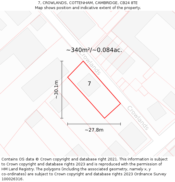 7, CROWLANDS, COTTENHAM, CAMBRIDGE, CB24 8TE: Plot and title map