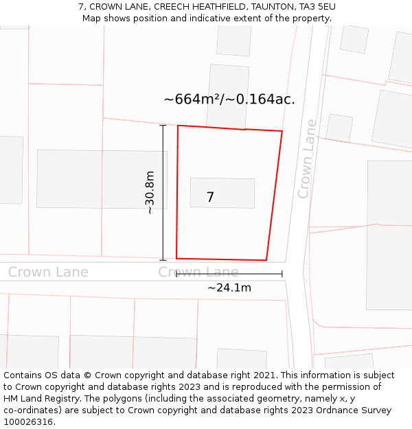 7, CROWN LANE, CREECH HEATHFIELD, TAUNTON, TA3 5EU: Plot and title map