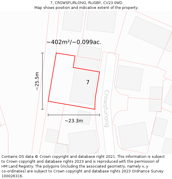 7, CROWSFURLONG, RUGBY, CV23 0WD: Plot and title map