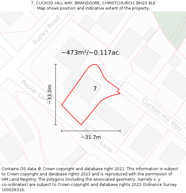 7, CUCKOO HILL WAY, BRANSGORE, CHRISTCHURCH, BH23 8LE: Plot and title map