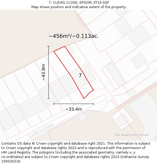 7, CUDAS CLOSE, EPSOM, KT19 0QF: Plot and title map