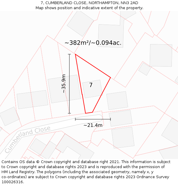 7, CUMBERLAND CLOSE, NORTHAMPTON, NN3 2AD: Plot and title map