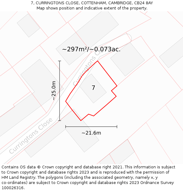 7, CURRINGTONS CLOSE, COTTENHAM, CAMBRIDGE, CB24 8AY: Plot and title map