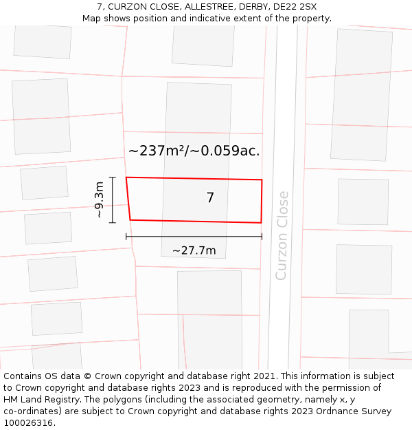 7, CURZON CLOSE, ALLESTREE, DERBY, DE22 2SX: Plot and title map