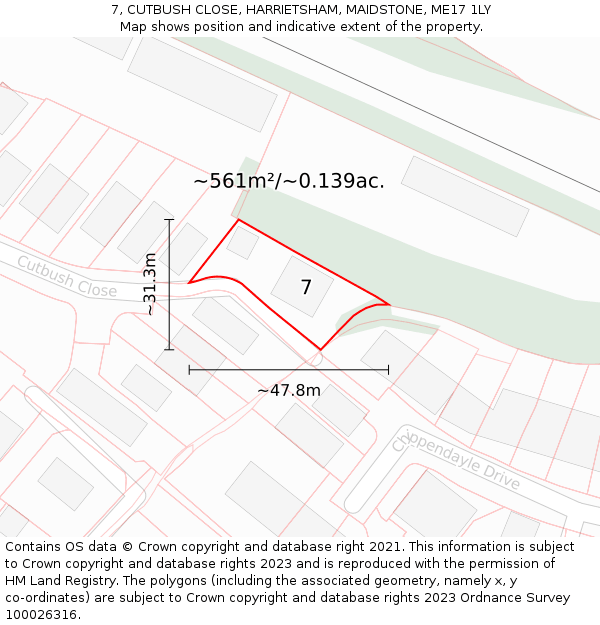 7, CUTBUSH CLOSE, HARRIETSHAM, MAIDSTONE, ME17 1LY: Plot and title map