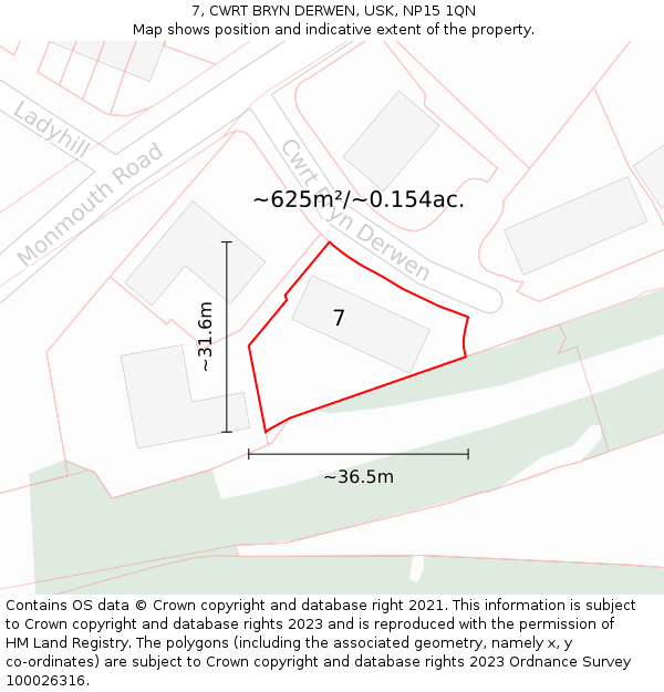 7, CWRT BRYN DERWEN, USK, NP15 1QN: Plot and title map