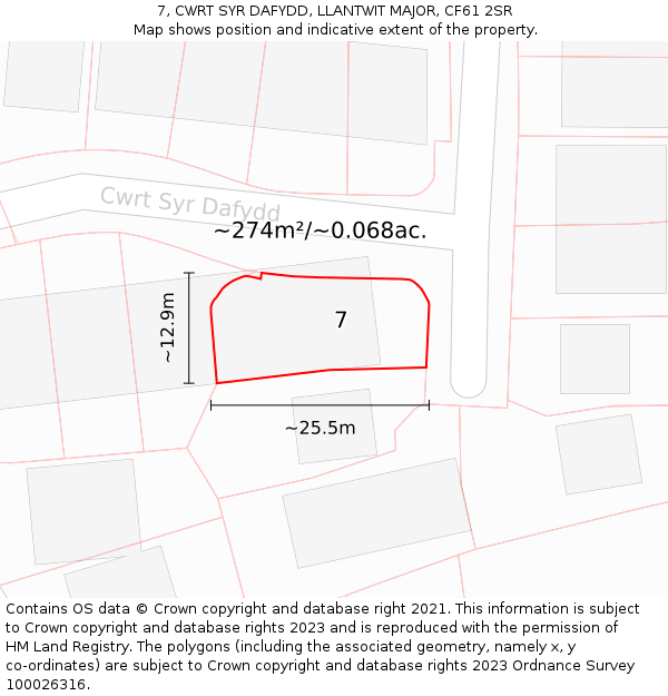 7, CWRT SYR DAFYDD, LLANTWIT MAJOR, CF61 2SR: Plot and title map