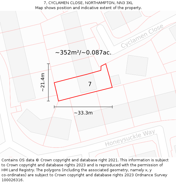 7, CYCLAMEN CLOSE, NORTHAMPTON, NN3 3XL: Plot and title map