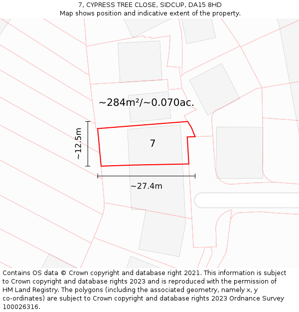 7, CYPRESS TREE CLOSE, SIDCUP, DA15 8HD: Plot and title map
