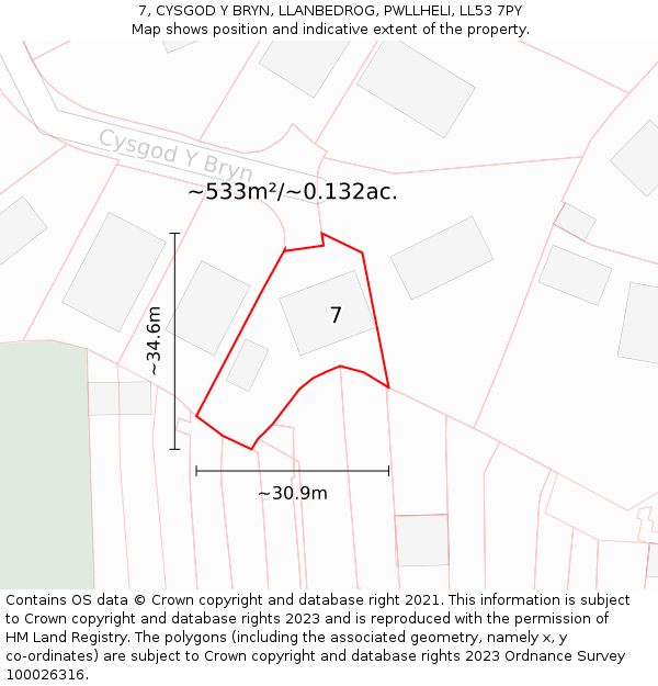 7, CYSGOD Y BRYN, LLANBEDROG, PWLLHELI, LL53 7PY: Plot and title map