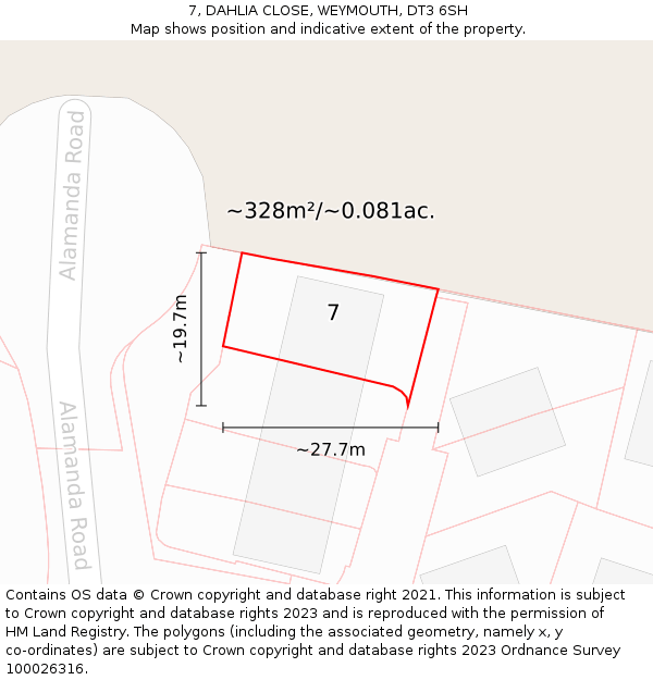 7, DAHLIA CLOSE, WEYMOUTH, DT3 6SH: Plot and title map
