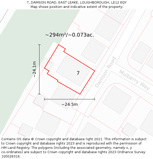 7, DAMSON ROAD, EAST LEAKE, LOUGHBOROUGH, LE12 6QY: Plot and title map
