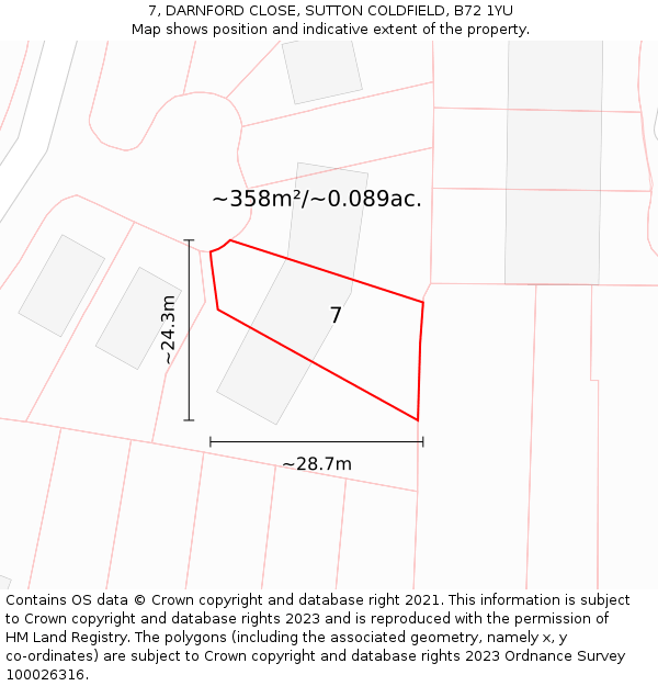 7, DARNFORD CLOSE, SUTTON COLDFIELD, B72 1YU: Plot and title map