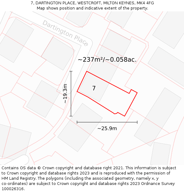 7, DARTINGTON PLACE, WESTCROFT, MILTON KEYNES, MK4 4FG: Plot and title map